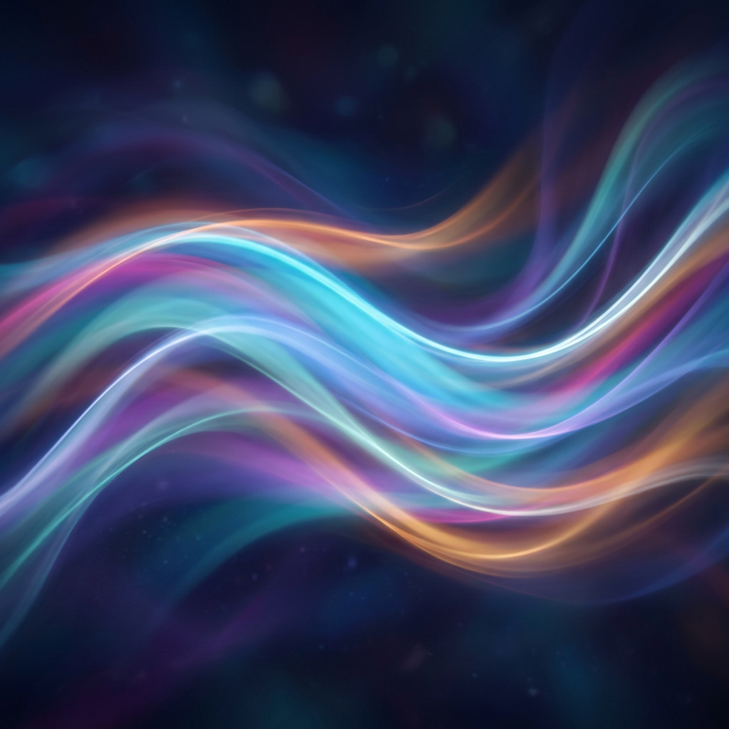 Abstract colorful light waves in blue, purple, orange, and pink on dark background