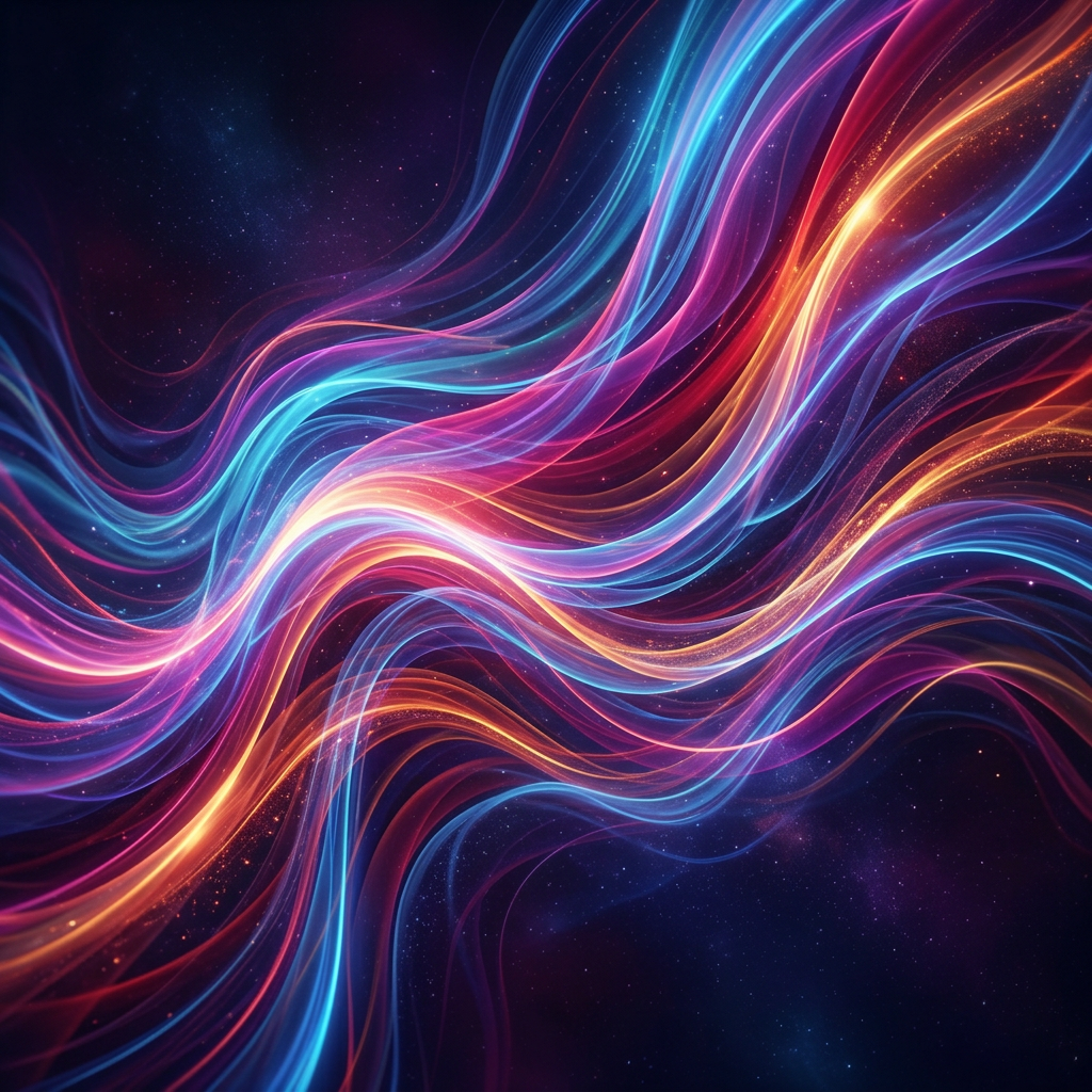 Abstract colorful flowing light waves in blue, pink, and orange on dark background